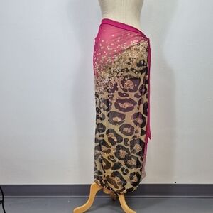 Beach Cover Up Skirt Women's XL Midi Pink & Leopard Animal Print Stretch Mesh
